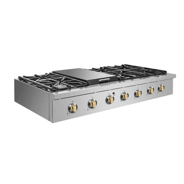 Entree Bundle 48 in. Pro-Style Liquid Propane Cooktop with Griddle Burner  and Range Hood in Stainless Steel and Gold