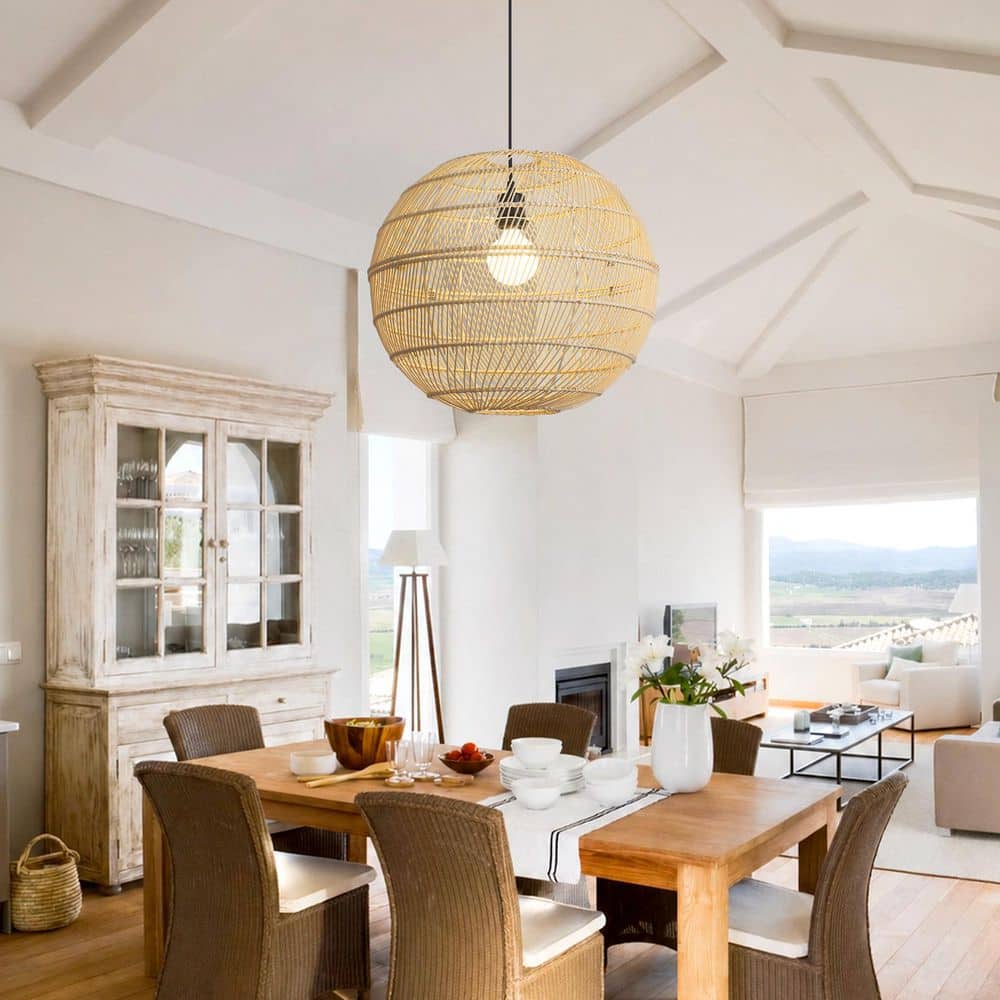 1 Light Black and Rattan Pendant Light Boho Hand-Woven Basket Ball Shade Hanging Light Fixture for Kitchen Island Foyer price history on PriceWatchPro