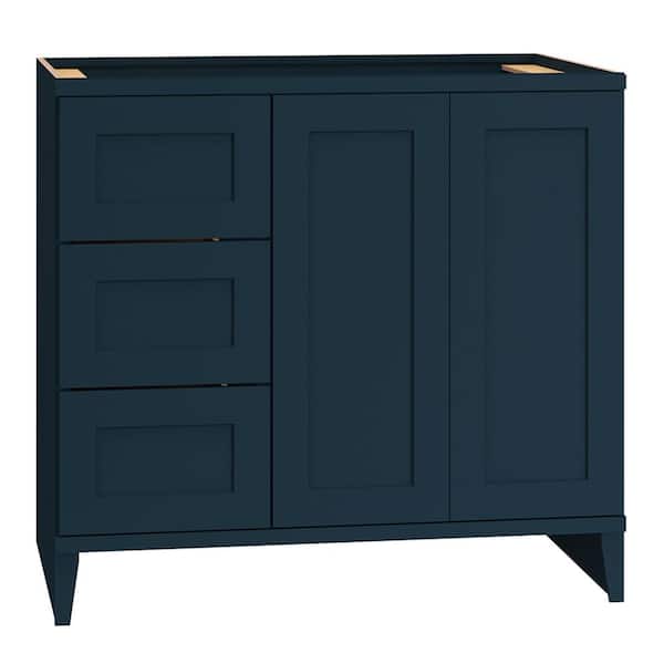 QuickShip Cottage 36 in. W x 21 in. D x 34.5 in. H Assembled Bath Sink Base Cabinet in Bermuda with 3-Drawers (Left)