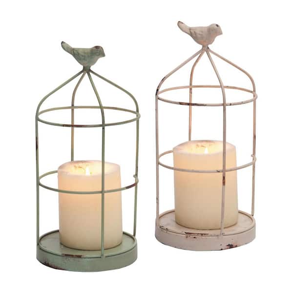 Foreside Home & Garden Set of 2 Rustic White and Mint Metal Wire Cage and Bird Pillar Candle Holders