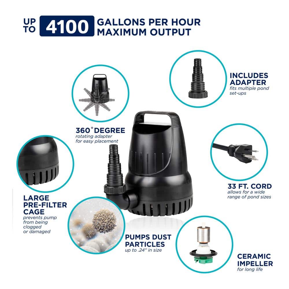 4100GPH Black Heavy-Duty Submersible Water Pump with 33' Cord