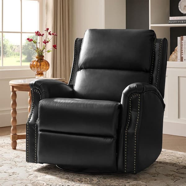 Felisa Black Transitional Genuine Leather Recliner with Fabric Pocket