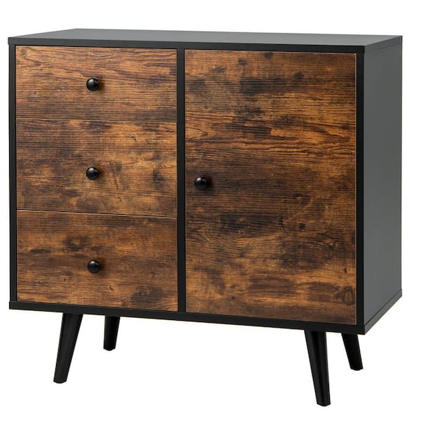 HONEY JOY Brown Storage Cabinet with 3 Drawers and Door Cabinet Industrial Wood Accent Cabinet with Adjustable Shelf