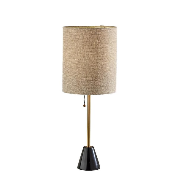 HomeRoots 28 in. Beige Mid-Century Integrated LED Bedside Table Lamp with Beige Fabric Shade