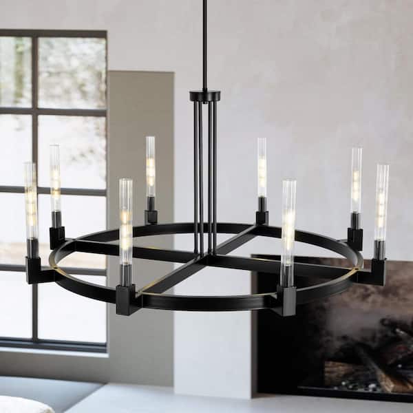 Madalyn 8-Light Mid-Century Modern Black Wagon Wheel Chandelier /Large Chandelier with Ribbed Glass Shade