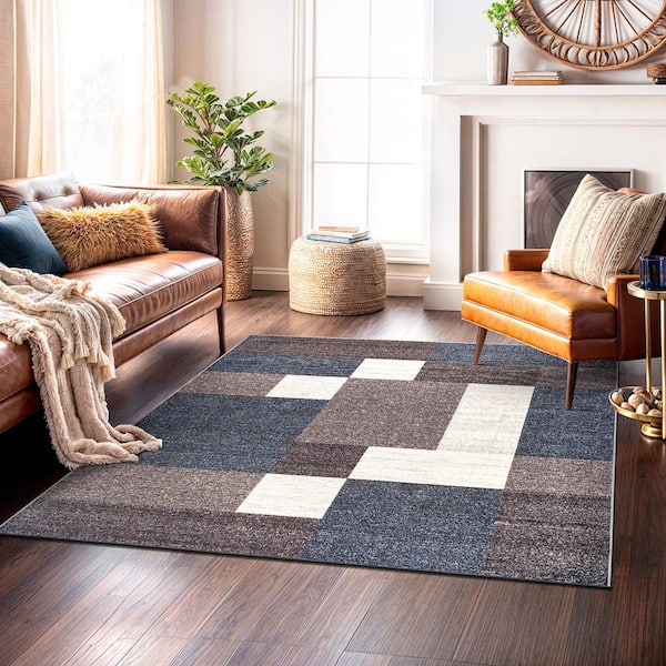 Geometric Boxes Design Non-Slip (Non-Skid) Blue 6 ft. 6 in.  x  in. 6 ft. 6 in.  Square Indoor Area Rug