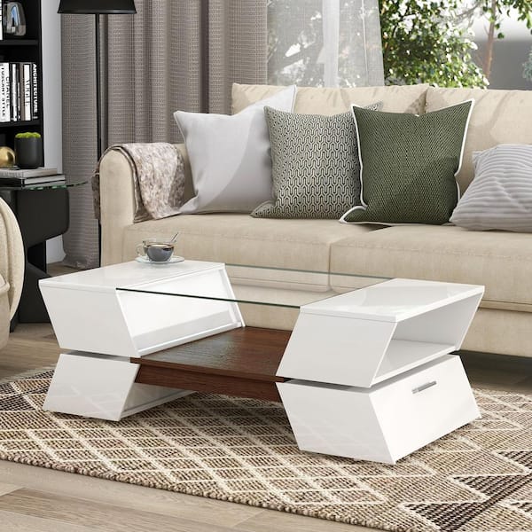Harper & Bright Designs 44.8 in. White Geometric Style Rectangle Glass Top Coffee Table with Open Shelves and Cabinets, Modernist Cocktail Table