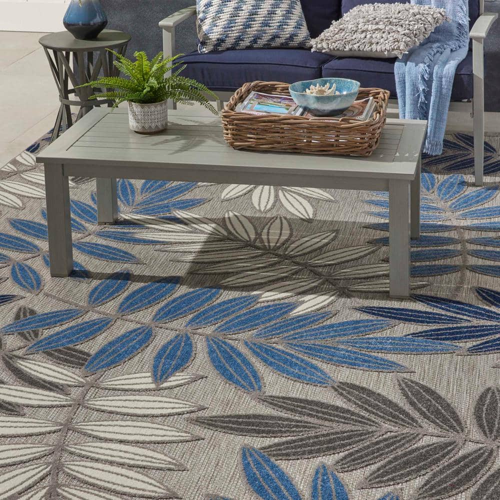 Lively Leaf Design 32" Round Blue/Grey Synthetic Area Rug