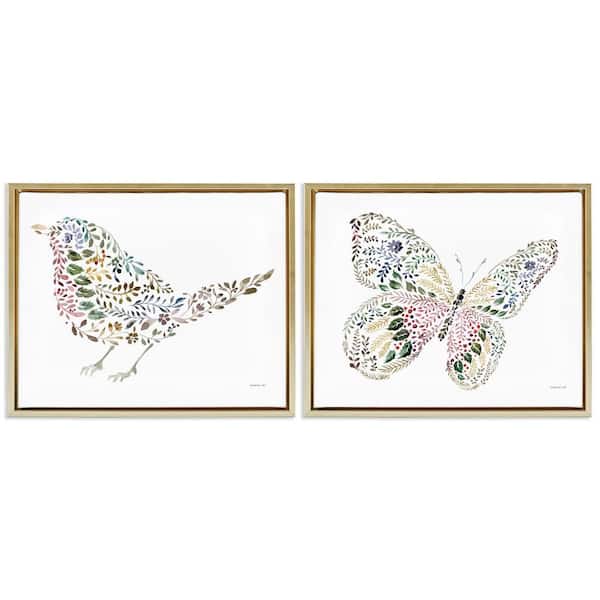 Bird and Butterfly From Nature by Danhui Nai 2-Pieces Gold Floater Frame Animal Graphic Art Print 25 in. x 31 in.