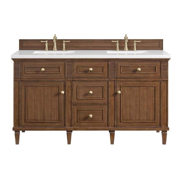 James Martin Vanities Lorelai 60.0 in. W x 23.5 in. D x 34.06 in. H Double Bathroom Vanity in Mid-Century Walnut with White Zeus Quartz Top