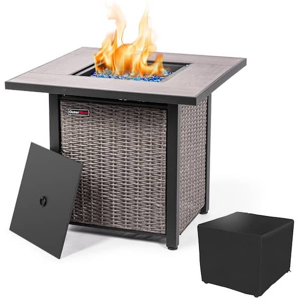 30 in. Propane Outdoor Rattan Fire Pit Table with Cover, Glass Bead & Lid, 50,000 BTU