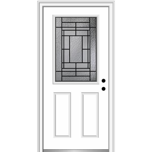 MMI DOOR Pembrook 36 in. x 80 in. 2-Panel Left-Hand Inswing 1/2 Lite Decorative Glass Primed Fiberglass Prehung Front Door