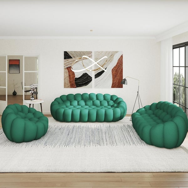 Modern (3-Piece) Green Mesh Fabric Bean Bag Living Room Set Curved Bubble Couch Floor Sofa Set, No Assembly Required