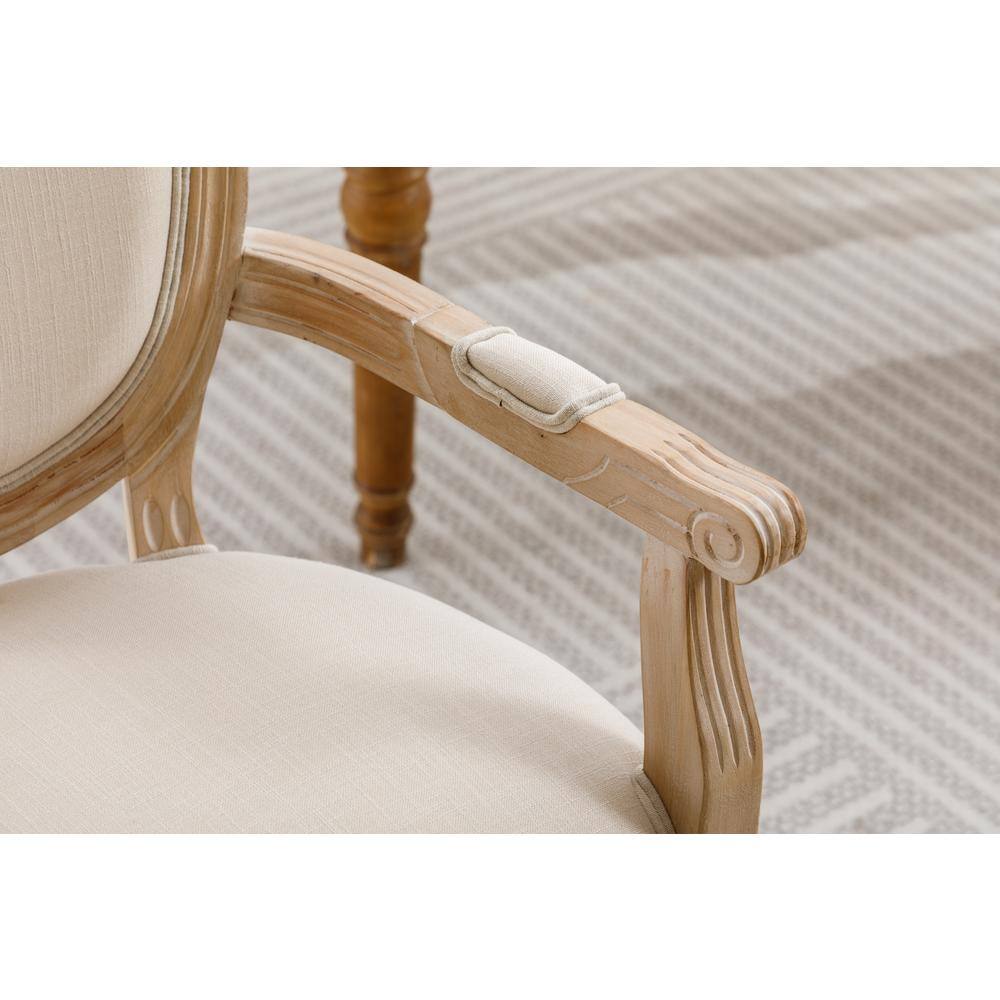 French Style Beige Linen Upholstered Wood Arm Chairs, Set of 2