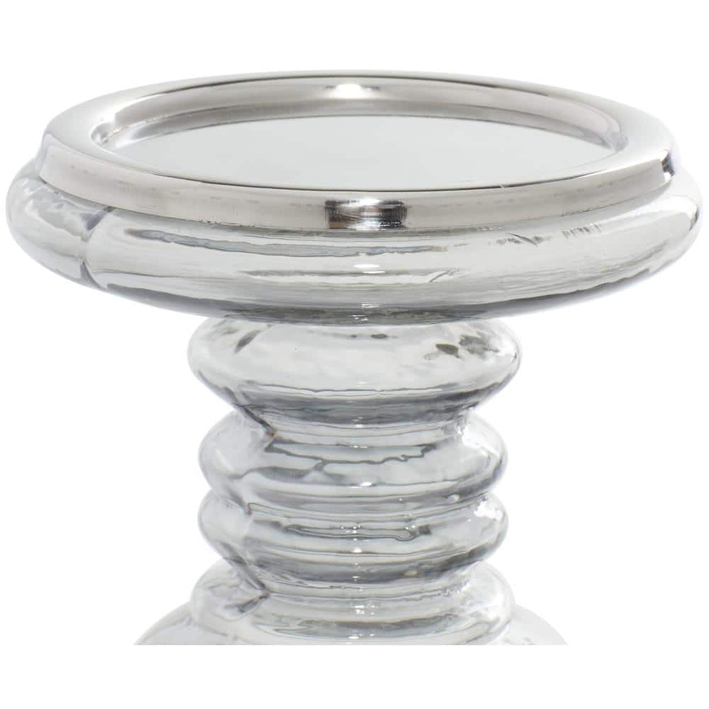 Translucent Silver Glass Pillar Candle Holder Set with Pedestal Base