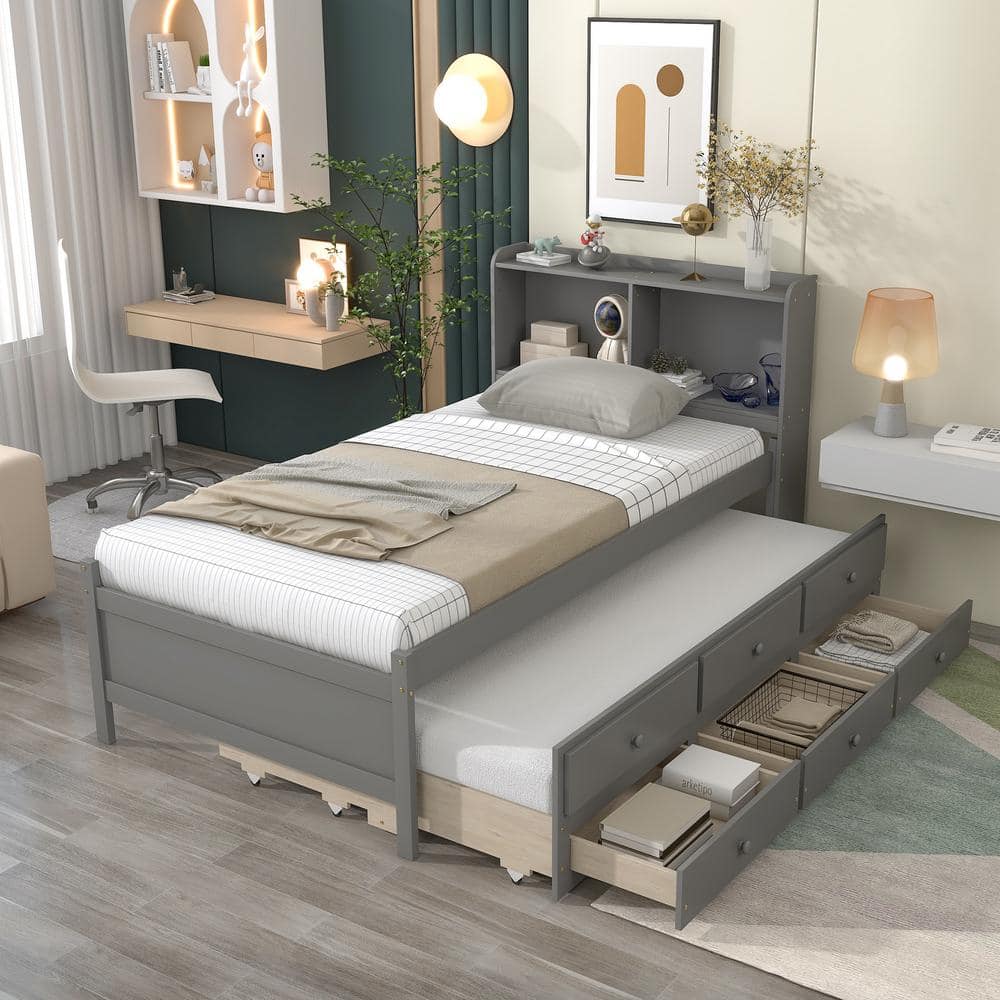 Harper & Bright Designs Gray Wood Frame Twin Size Platform Bed with ...