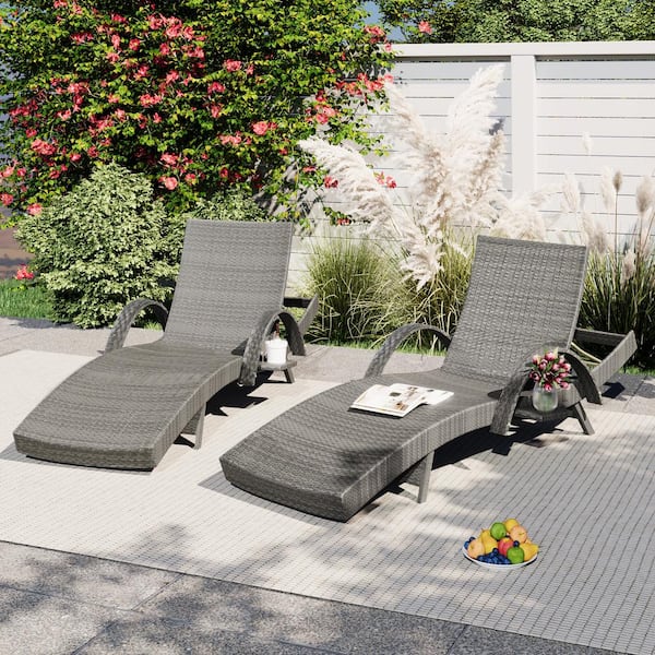 Tunearary Gray Outdoor Wicker Recliner Chaise Lounge with Pull-Out Side Table Adjustable Back, Set of 2