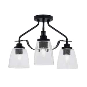 Zara 15 in. 3-Light Matte Black Semi-Flush with 4.5 in. Square Clear Bubble Glass Shades No Bulbs Included