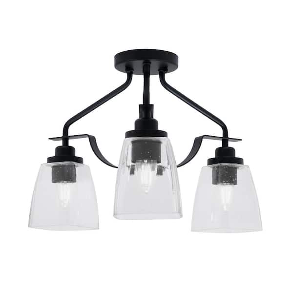 Unbranded Zara 15 in. 3-Light Matte Black Semi-Flush with 4.5 in. Square Clear Bubble Glass Shades No Bulbs Included