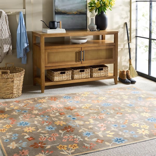 Martha Stewart Washable Dark Beige/Light Blue 9 ft. x 12 ft. Machine Washable Floral Area Rug