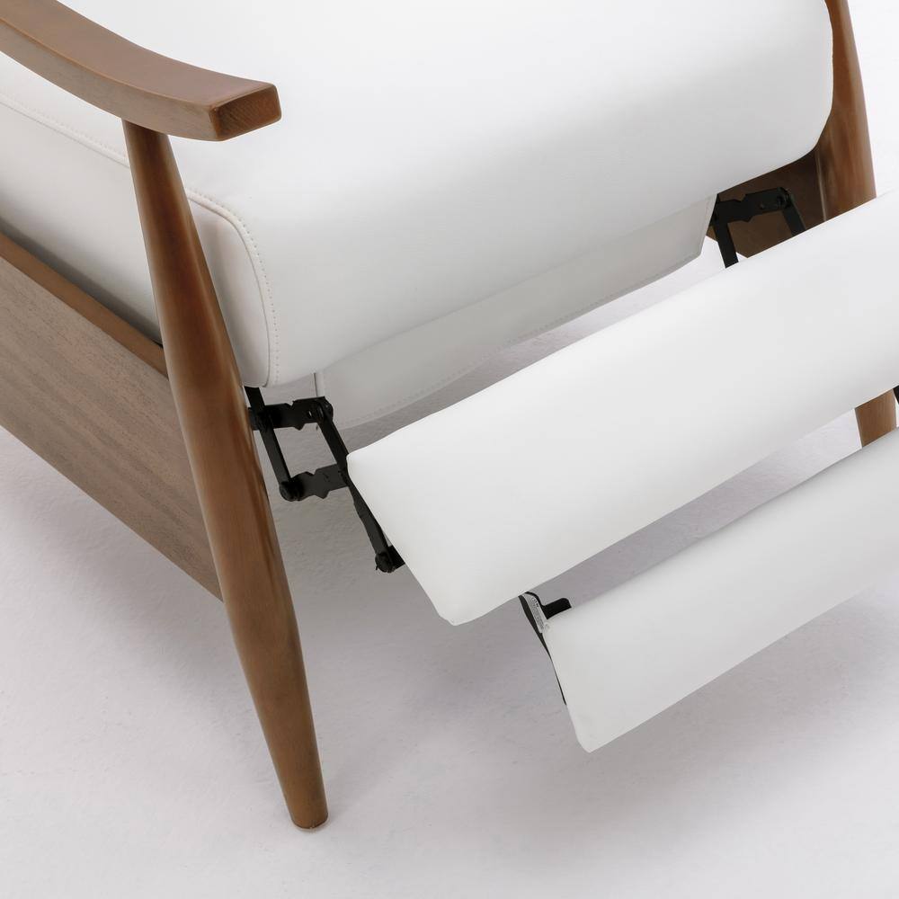 Milky White Leather and Wood Mid-Century Modern Recliner