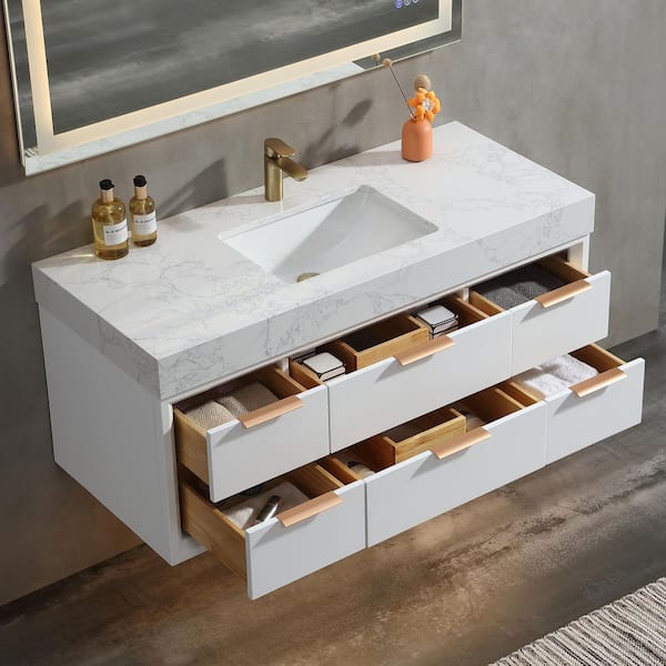 Wenlorin 48 in. Single Sink Floating White Bath Vanity with White Engineered Marble Top Pre-Assembled