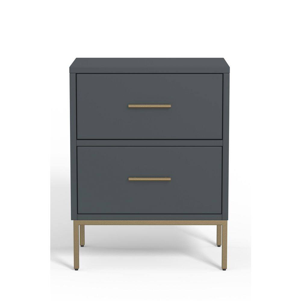 Slate Gray Mahogany 2-Drawer Nightstand with Gold Handles