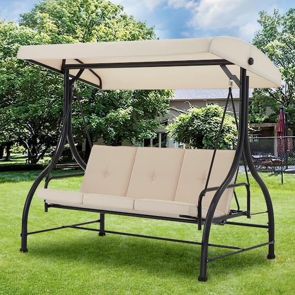 3-Seat Outdoor Converting Porch Patio Swing with Canopy Hammock, Adjustable Backrest, Canopy and Beige Cushions