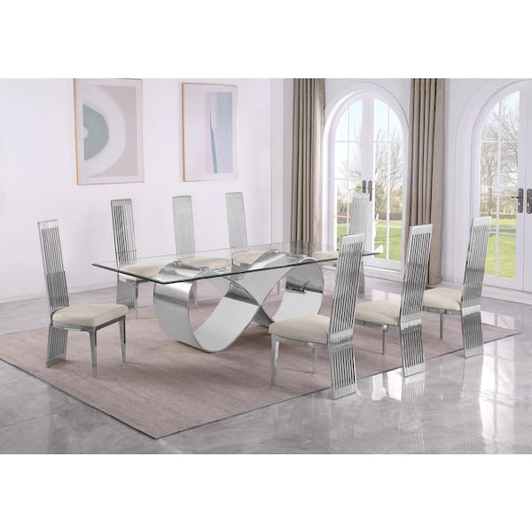 Best Quality Furniture Celia 9-Piece Clear Tempered Glass Top with Stainless Steel Base Dining Set with 8 Chairs