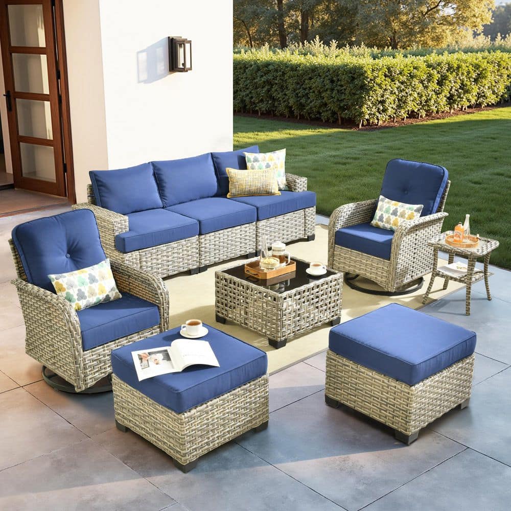 Merritt 9-Piece Wicker All-Weather Outdoor Patio Conversation Sofa Set with Swivel Chairs and Navy Blue Cushions price history on PriceWatchPro