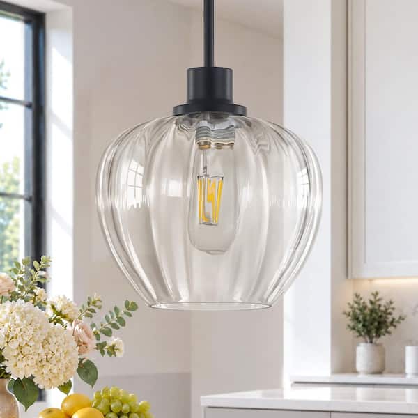 Rayhome 9 in. 1-Light Modern Black Island Pendant Hanging Light with Ribbed Glass for Kitche, Over Sink, Dining Room
