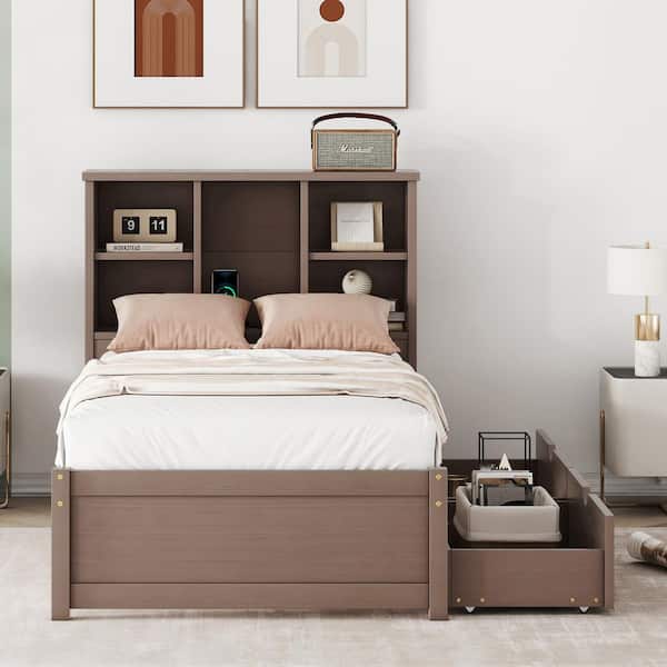Harper & Bright Designs Walnut(Brown) Wood Frame Twin Size Harper & Bright Designs Walnut(Brown) Wood Frame Twin Size