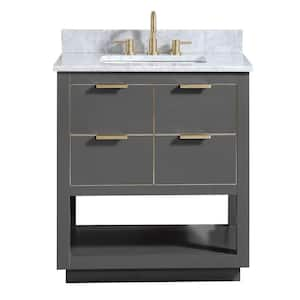 Allie 31 in. W x 22 in. D Bath Vanity in Gray with Gold Trim with Marble Vanity Top in Carrara White with Basin