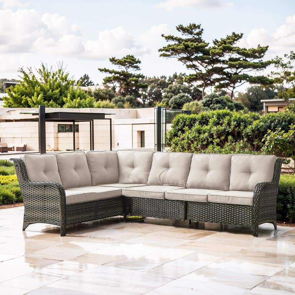 Gray Wicker Outdoor Sectional Sofa, 6-Seater L-Shaped Patio Couch with Beige Cushions for Deck Backyard Sunroom price history on PriceWatchPro