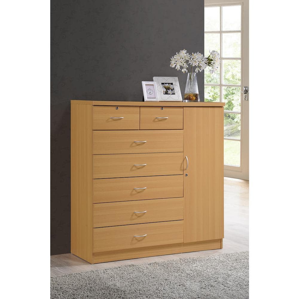 Beech 7-Drawer Chest with Locking Door and Shelves