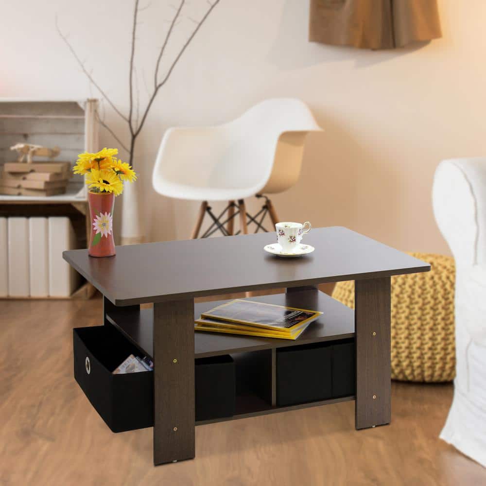 Compact Dark Brown Laminated Engineered Wood Coffee Table with Storage Bins