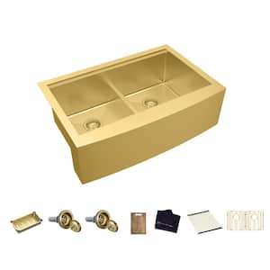 33 in. Farmhouse/Apron-Front Double Bowl 18-Gauge Gold Stainless Steel Workstation Kitchen Sink with Accessories
