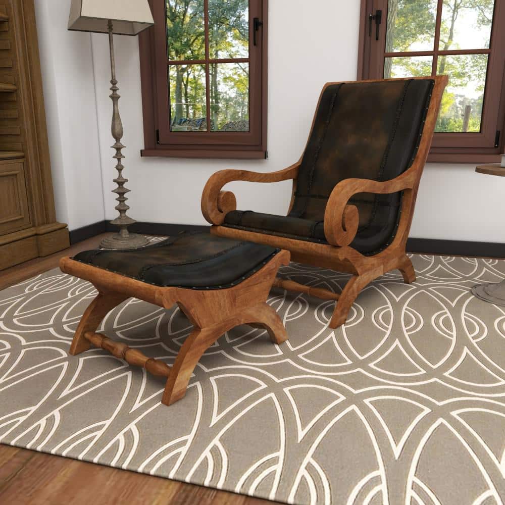 Traditional Dark Brown Leather Accent Chair and Ottoman Set
