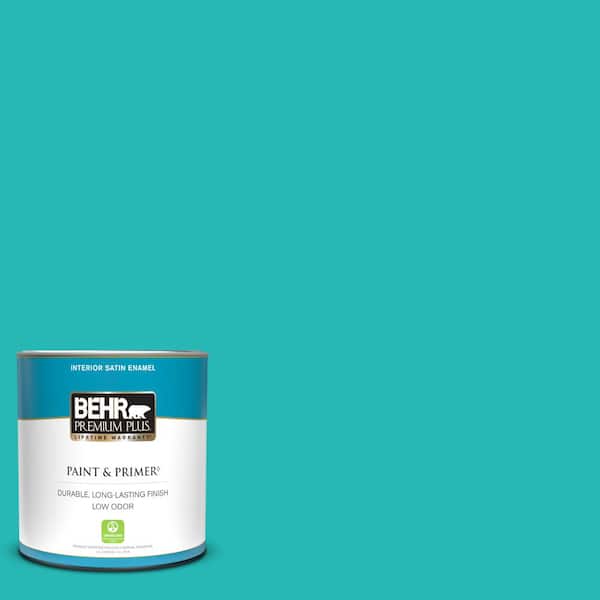 BEHR PREMIUM PLUS 1 qt. #MQ4-21 Caicos Turquoise Satin Enamel Low Odor Interior Paint & Primer