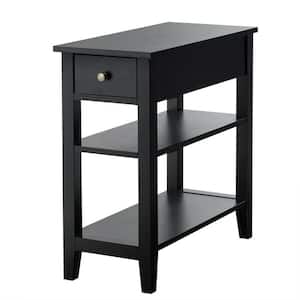 24 in. Black 24.5 in. 3-Tier Rectangular MDF End Table Nightstand with 1-Drawer and 2-Open Shelves