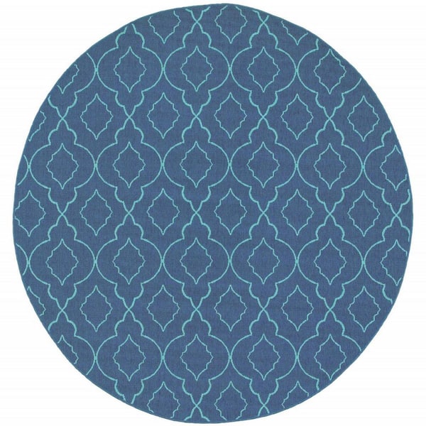 Blue 8 ft. x 8 ft. Loomed Geometric Polypropylene Round Indoor/Outdoor Area Rug