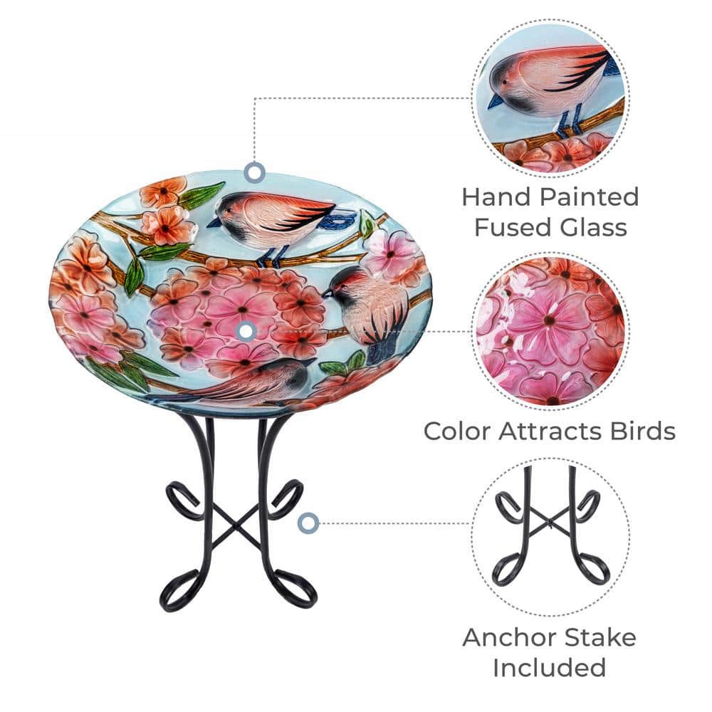17.8" Multicolor Glass Birdbath with Metal Stand