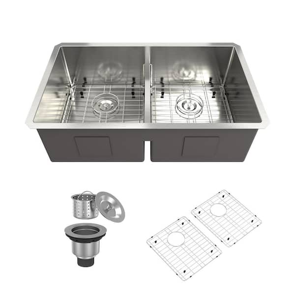 Dimakai 32 in. Undermount Double Bowl Brushed Stainless Steel Kitchen Sink with Drainage Grid and Drain Assembly