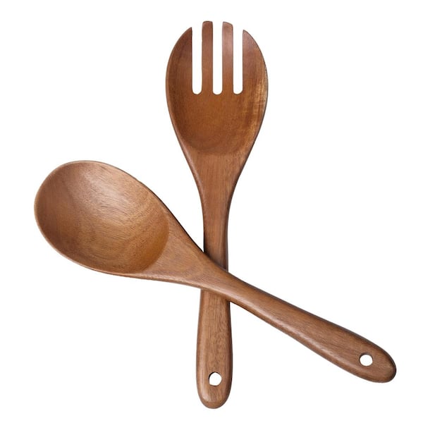 Acacia Wood Salad Servers Set of 2, 10.5 Inch Wooden Salad Spoon and Fork for Tossing, Mixing and Cooking