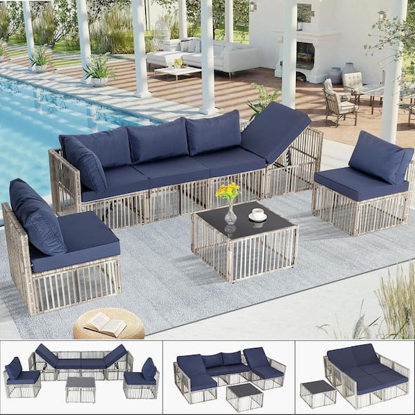 Cesicia 7-Piece Gray Wicker 6-Seat Outdoor Sectional Set with Blue Cushions and Coffee Table