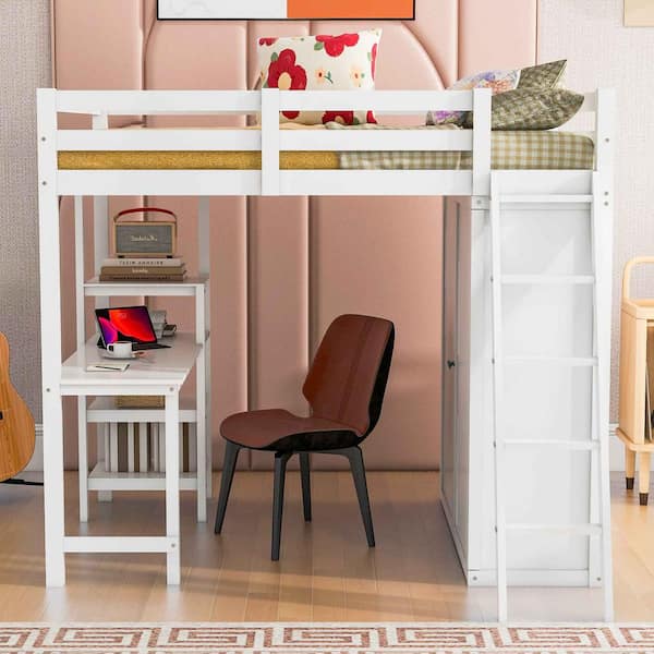 Polibi Full Size Loft Bed with Wardrobe and Desk and Shelves, White