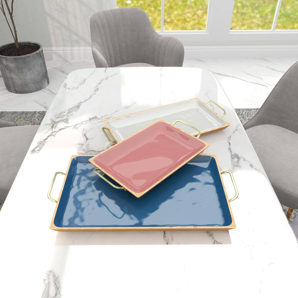 Multi Colored Enamel and Mango Wood Rectangular Tray Set