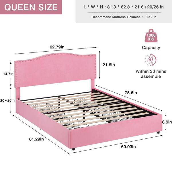 VECELO Velvet Storage Pink Metal Frame Queen Platform Bed with 4
