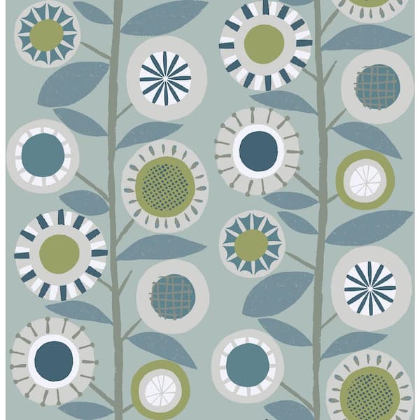 A-Street Prints Sisu Light Blue Floral Geometric Paper Glossy Non-Pasted Wallpaper Roll
