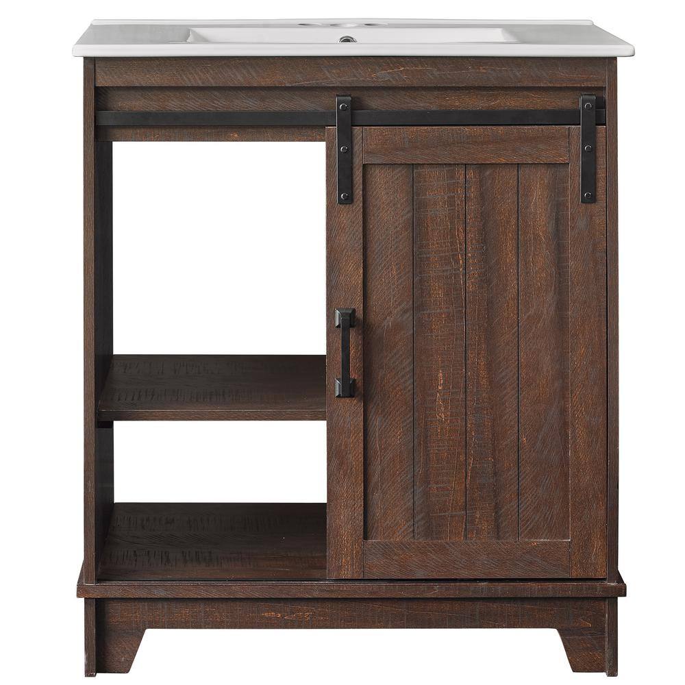 Antique Brown Cherry 30" Farmhouse Sliding Barn Door Bathroom Vanity